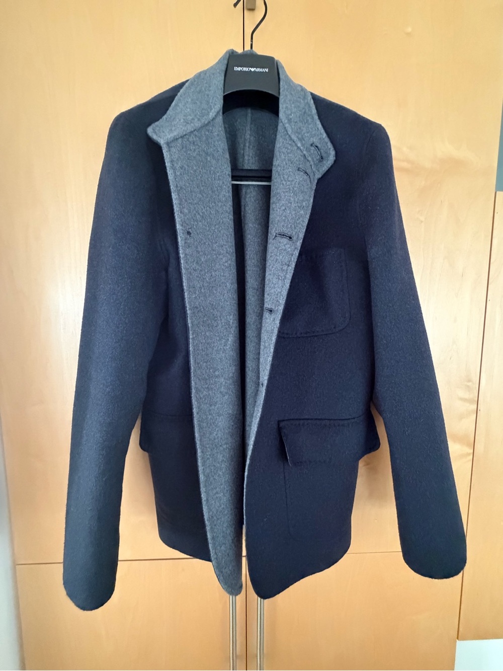 Men's Two-Tone Pea Coat - Navy with Gray Trim, Patrick Assaraf